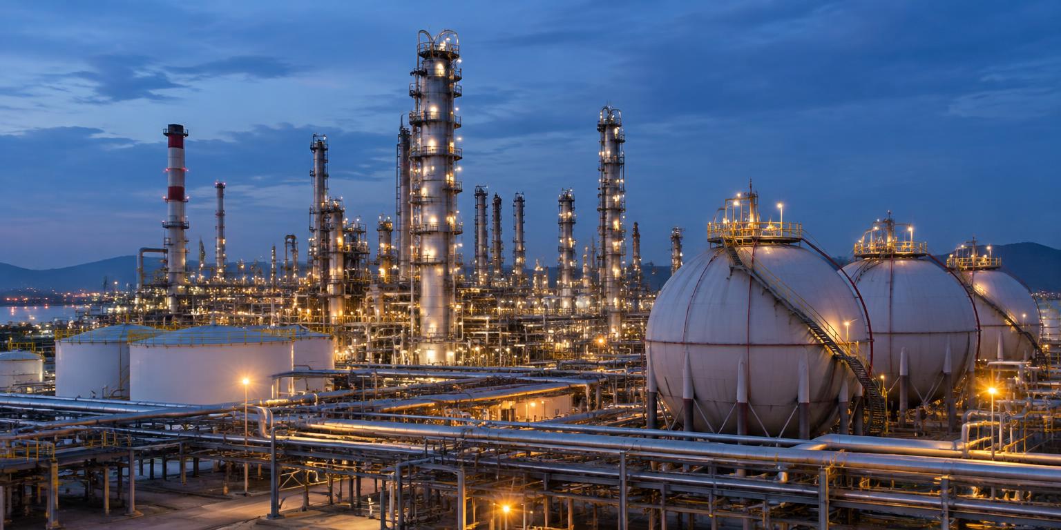 Modern refinery processing infrastructure and petroleum storage terminals at dusk