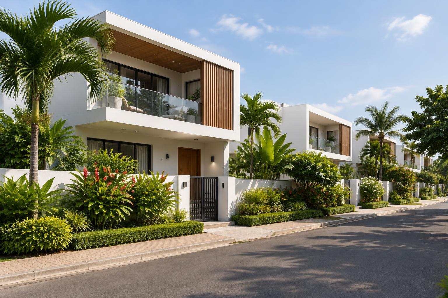 Illustrative contemporary residential architecture with tropical landscaping in Ghana