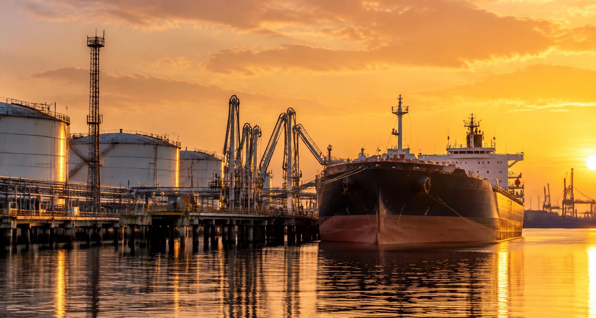 International petroleum terminal with an oil tanker and port infrastructure at golden hour